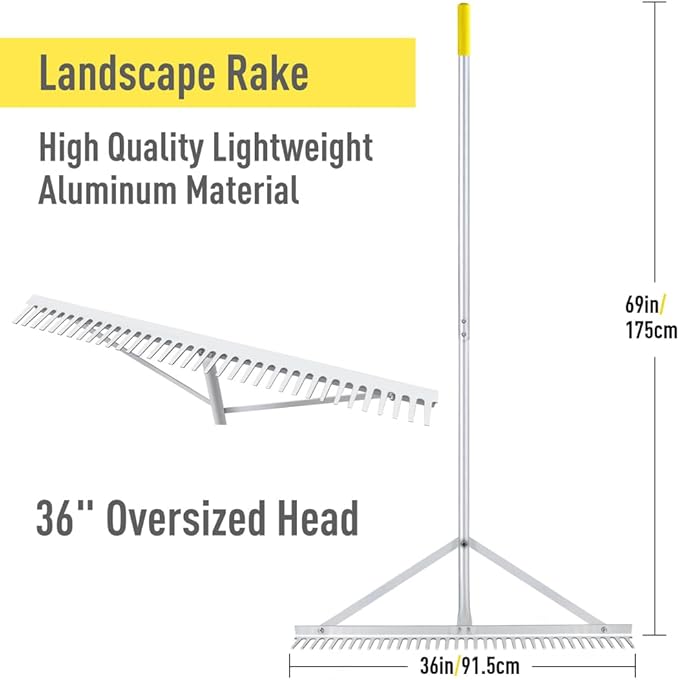 Landscape Rake 36'', Aluminum Rakes with Lightweight 69'' Handle, Landscaping Rake Tool for Lawn Care, Beach