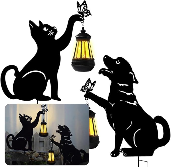 Solar-Powered Black Dog&Cat Garden Decor Stakes - Metal Silhouette Figurine for Outdoor Yard, Lawn, and Patio Decoration