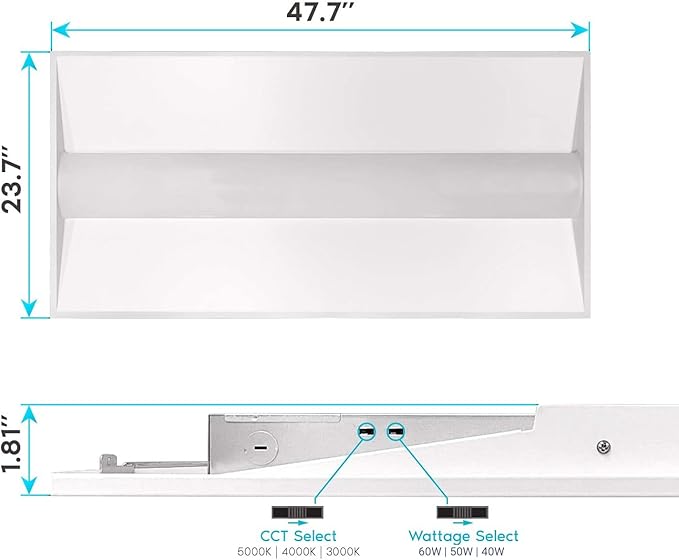 2x4 FT Center Basket LED Troffer Panel Light, 40/50/60W, 3 Color Options 3000K | 4000K | 5000K, Dimmable Drop Ceiling Lights, 5000/6250/7500 Lumens, Damp Rated, 120-277V, DLC Premium (4 Pack)