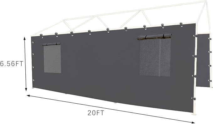Sidewall Panel with Mesh Windows and Elastic Ball Bungees, for 10x20 FT or 12x20 FT Garage Party Tent Shelter - Gray, One Sidewall Panel Only