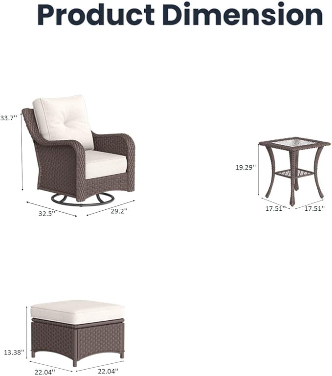 5 Pieces Outdoor Patio Furniture Sets with Rocking Swivel Chairs with 6-inch Thick Cushion and Side Table for Deck Lawn