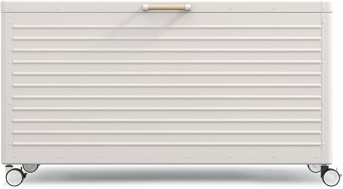 175 Gallon Outdoor Storage Box Waterproof with Wheels, Metal Deck Box for Patio Furniture, Garden Tools, Outdoor Cushion, Latte