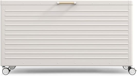 175 Gallon Outdoor Storage Box Waterproof with Wheels, Metal Deck Box for Patio Furniture, Garden Tools, Outdoor Cushion, Latte