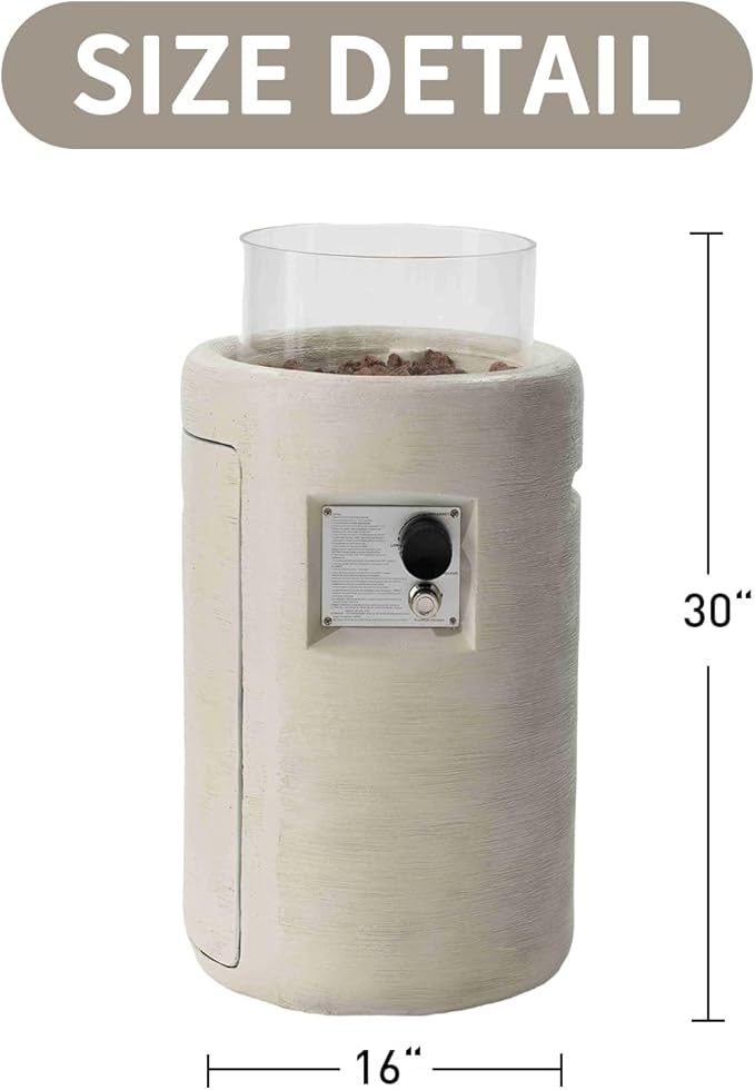 SUNBURY Outdoor Propane Fire Pit, Stone Like Fire Pit Table with Glass Wind Guard, Waterproof Cover, 40000BTUS Small Column Firepit Garden Lighting, CSA Certified (Creamy White)