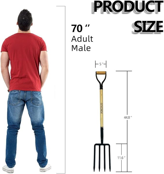 Garden Fork, 4-Tine Spading Digging Fork, Pitch Fork-45Inch, Forged Steel Y-Grip, Wood Handel
