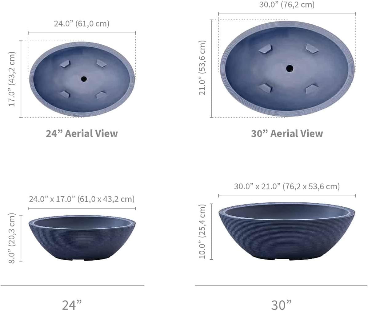 Crescent Garden Delano Oval Planter Bowl, Succulent Garden, Unique Indoor/Outdoor Double-Walled Plant Bowl with Plug- Oval Shape - 24" L x 17" W x 8" H (Midnight Blue)