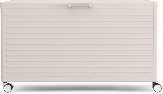 134 Gallon Outdoor Storage Box Waterproof with Wheels, Metal Deck Box for Patio Furniture, Garden Tools, Outdoor Cushion, Latte