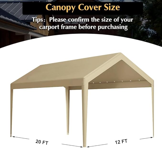 Carport Replacement Canopy, Replacement Top Cover for 12' x 20' Carport Frame, 180G PE Fabric Waterproof & UV Protected Tarp with Ball Bungees, Beige (Only Top Cover, Frame is not Included)