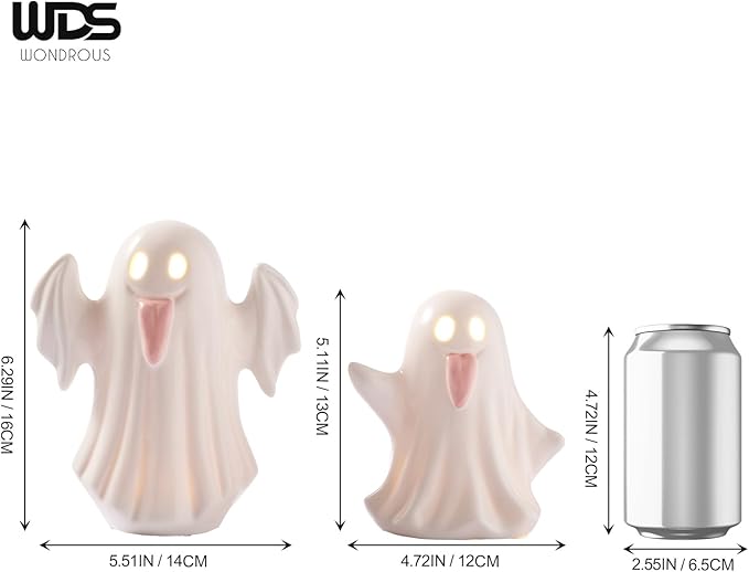 WDS WONDROUS Halloween Decor Ghost Figurines Light Up – White Set of 2 Ghost Figurines with Pink Tongue –Cute Halloween Ceramic Ghost Statues Decorations for Table Indoor(5.51x6.29”and 4.72x5.11”)