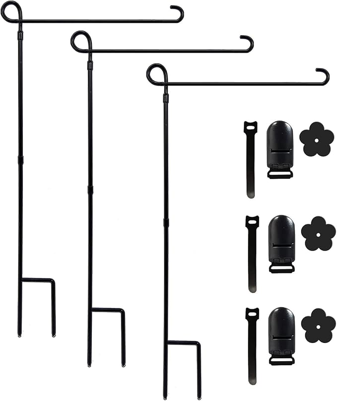 YEAHOME 3PC Garden Flag Holder Stand, Weather-Proof Yard Flag Pole Black Metal Powder-Coated Flagpole with Tiger Clip and Rubber Stopper for Garden Flags Outdoor Decorations