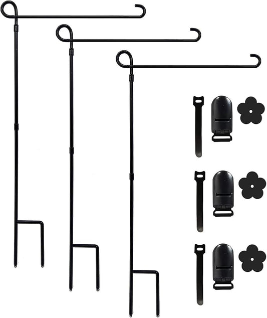 YEAHOME 3PC Garden Flag Holder Stand, Weather-Proof Yard Flag Pole Black Metal Powder-Coated Flagpole with Tiger Clip and Rubber Stopper for Garden Flags Outdoor Decorations