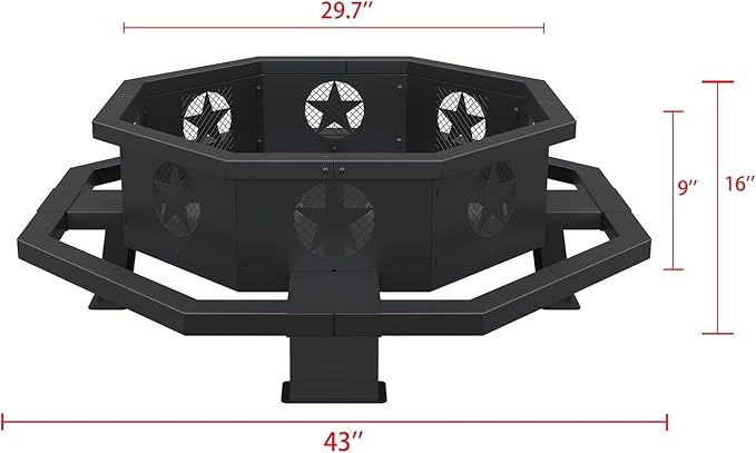 43 inch fire Pit for Outside Wood Burning, Outdoor Octagonal Fire Pit with Poker, Large Firepit for Camping, Backyard, Patio, Black