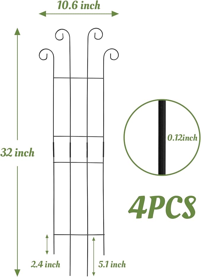 4 Pack 32'' Wave Shape Black Metal Trellis for Climbing Plants Indoor & Outdoor, Garden Trellis for Houseplants Flowers Vine Ivy