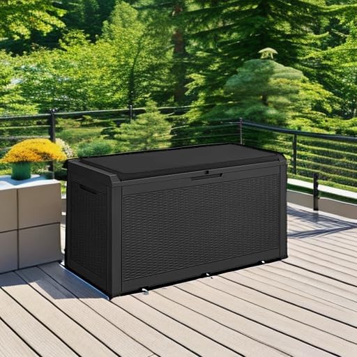 Devoko 100 Gallon Waterproof Large Resin Deck Box Outdoor Storage Box Indoor Lockable Storage Container with Cushion for Patio Furniture Garden Pool Cushions (Black)