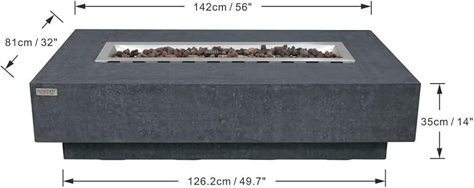 Elementi | Bundle Hampton Gas Fire Pit Cast Concrete 56" Rectangular Fire Table, Outdoor Fire Pit Electronic Ignition | Canvas Cover, Lava Rock Included | Dark Gray (Propane Gas)