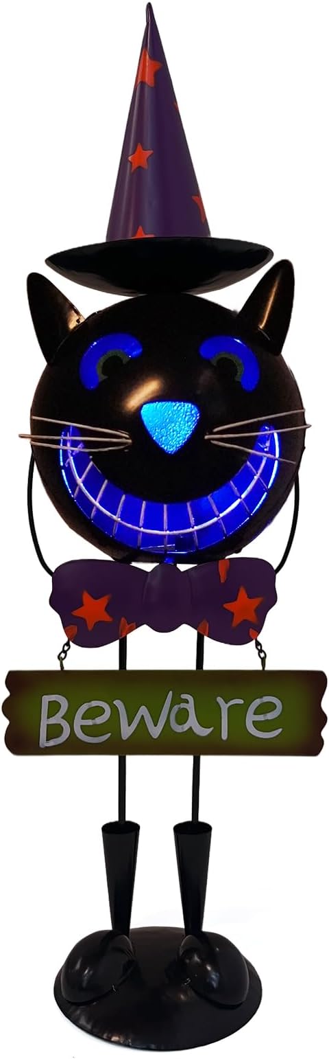 Halloween Decorations Outdoor Solar Lights- Metal Black Cat Statues with Witch Hat, 24 Inch Spooky Cat Figurine with Color Change LED Lights