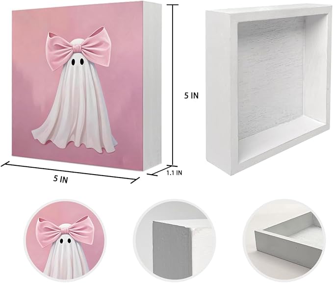 Mtrgdn Cute Halloween Decor,Halloween Decorations Indoor,Pink Ghost with Bow Desk Decor Wooden Box Sign,Halloween Home Office Kitchen Bathroom Bedroom Coffee Bar Table Shelf Wall Decorations,5x5 Inch