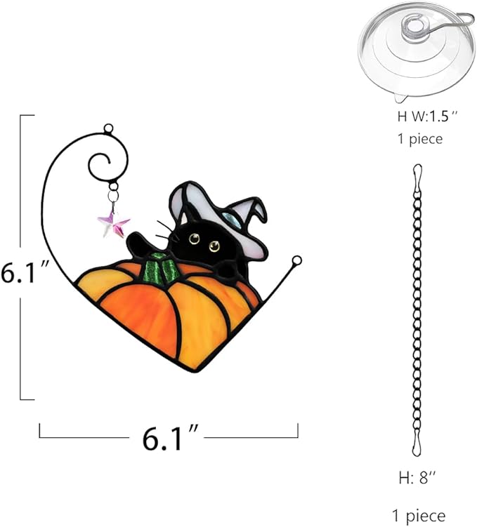 BOXCASA Black Cat Decor Stained Glass Window Hangings Pumpkin Ornament,Halloween Decor Witch Hat Cat Suncatcher for Window,Colorful Crystal Star Halloween Cats Themed Gift for Cats Lover