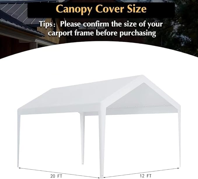 Rutile 12 x 20 FT Carport Replacement Cover, Heavy Duty Car Tarp Canopy Tent Garage Top Shelter Cover with Fabric Leg Pole Skirts and Ball Bungees White (Only Top Cover, Frame is not Included)
