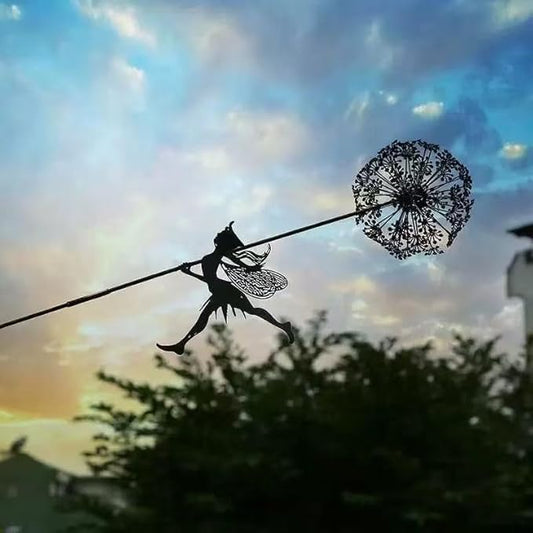 Flower Fairy Dancing with Dandelion, Art Sculpture Fairies for Fairy Garden, Angel Metal Ornaments Gardens Art Sculpture, Outdoor Decorations for The Courtyard, Christmas and Halloween Lawn (H)