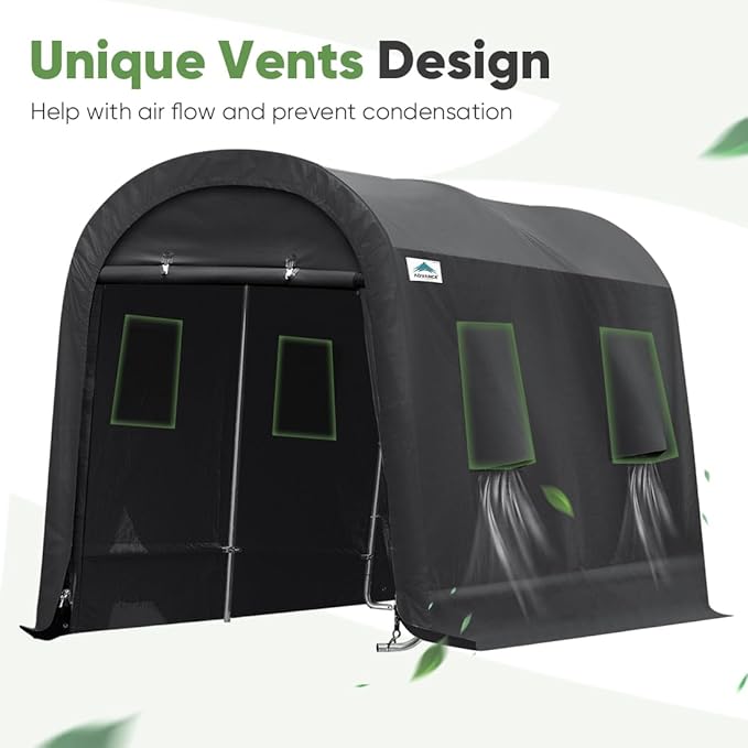 ADVANCE OUTDOOR 7x12 ft Shelter Storage Shed Steel Metal Round Peak Roof Portable Garage Carport for Motorcycle, Boat, or Garden Tools with 2 Roll up Doors & Vents, Gray