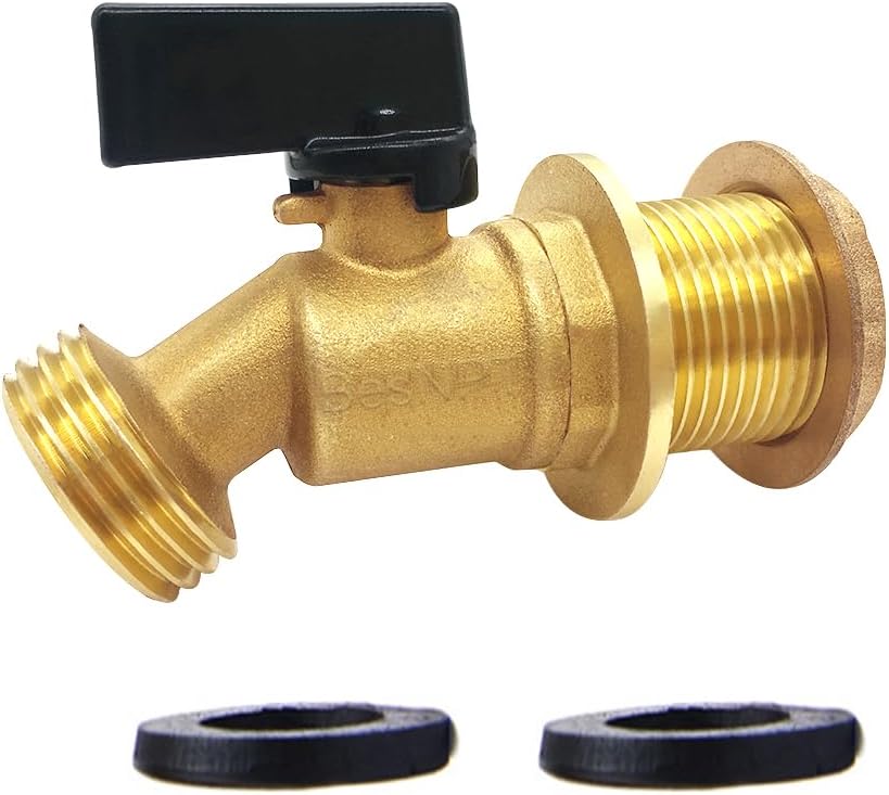 Brass Rain Barrel Spigot Water Tank Faucet, 3/4" NPS Male Inlet to 3/4" GHT Male Outlet, Quarter Turn Bulkhead Ball Valve