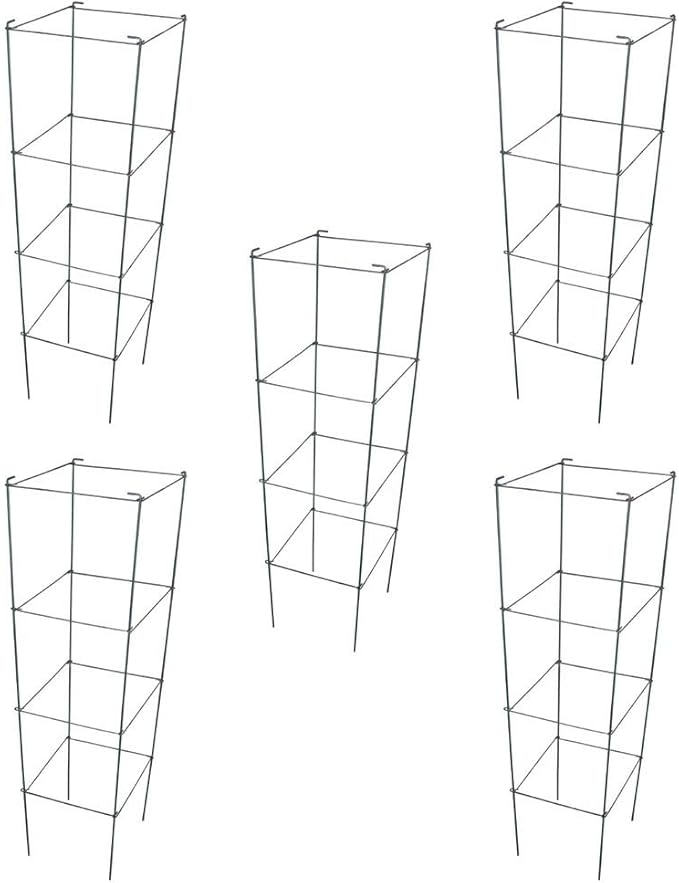 Galvanized Square Folding Tomato Cage Plant Support Stake Tower 12 inch by 46 inch, Pack of 5 Sets(