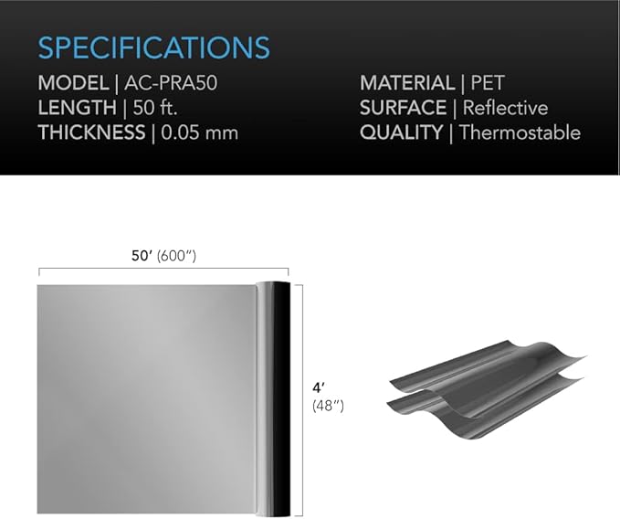 AC Infinity Mylar Film Roll 4' x 50', Reflective PET Foil Sheet, 2 mil Thick Tear-Resistant Cover Vapor Barrier for Greenhouses, Patio, Gardens, and DIY Grow Rooms