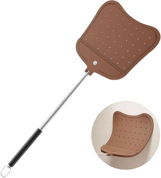 Foxany Leather Fly Swatter, Telescopic Fly Swatters Heavy Duty, Flexible Manual Flyswatters Set, Extendable Swatter with Stainless Steel Handle for Indoor Outdoor