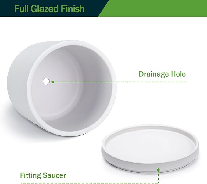 Kazeila 12 Inches Ceramic Planter Pot - Saucer and Drainage Hole - Full Glazed - Matte White