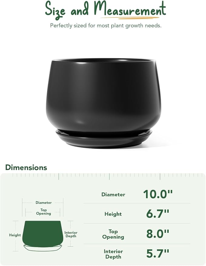 LE TAUCI Ceramic Planter, 10 Inch Plant Pot with Drainage Hole & Saucer – Durable Indoor Planter for Modern Home Decor, Black
