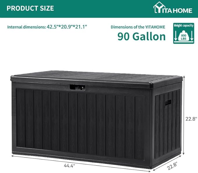 YITAHOME 90 Gallon Large Deck Box, Double-Wall Resin Outdoor Storage Boxes, Deck Storage for Patio Furniture, Cushions, Pool Float, Garden Tools, Lockable & Waterproof (Black)