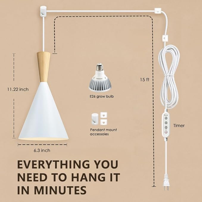 Hanging Grow Lights for Indoor Plants, Full Spectrum, with Timer and 15FT Power Cord, 20W Pendant Plant Lights for Indoor Growing, Large Tall Plant, Garden, Flowers, Greenhouse(White)