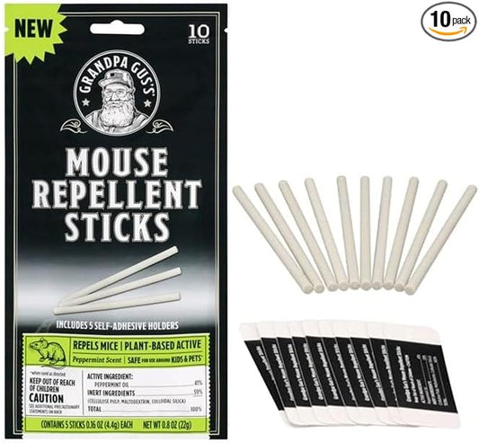 Grandpa Gus's Natural Mouse Repellent Stick, Patented Delivery of Concentrate Peppermint Scent, Plant-Based, Humane Rodent Repellent for Home, Campers & RVs, Pack of 10