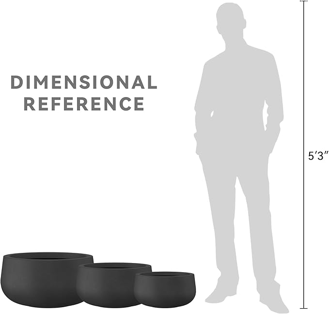 Kante 19.6",15.7",11.8" Dia Round Concrete Planters Set of 3, Outdoor Indoor Garden Plant Pots with Drainage Hole and Rubber Plug, Modern Curvaceous Design, Black