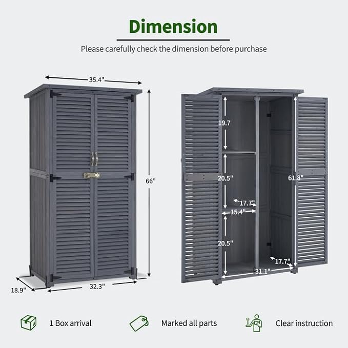 MCombo Outdoor Storage Cabinet, Wooden Storage Shed with Latch, Outside Garden Tool Shed with 2 Doors for Patio Yard Lawn, 0808 (Grey, Medium)