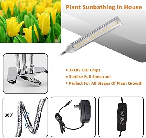 ELITUN LED Grow Light for Indoor Plants, Full Spectrum Plant-Growing Lamp with 315 LED Lamp Beads,5 Dimmable Levels & 3 Modes Timing Function, Auto On/Off (3 Heads Light)