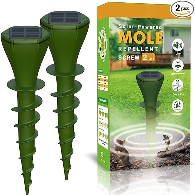 Mole Repellent for Lawns Gopher Screw Repeller Solar Powered Outdoor Groundhog Deterrent Vibration Stakes - Quiet Get Rid of Snake Vole Armadillo - No Poison Kill Traps (Green 2pack)