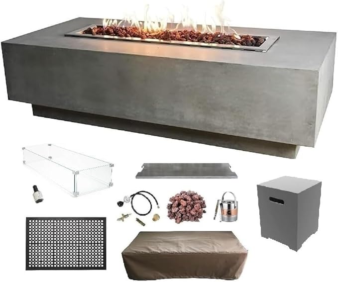 Elementi Granville Gas Fire Pit Bundle Concrete Fire Table, Outdoor Fire Pit Electronic Ignition | Canvas Cover, Lava Rock Included | Free AMS Wind Guard | Light Gray (Propane Gas)