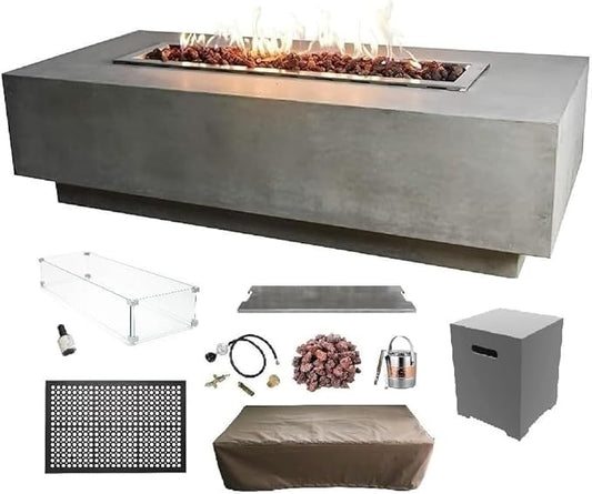 Elementi Granville Gas Fire Pit Bundle Concrete Fire Table, Outdoor Fire Pit Electronic Ignition | Canvas Cover, Lava Rock Included | Free AMS Wind Guard | Light Gray (Propane Gas)
