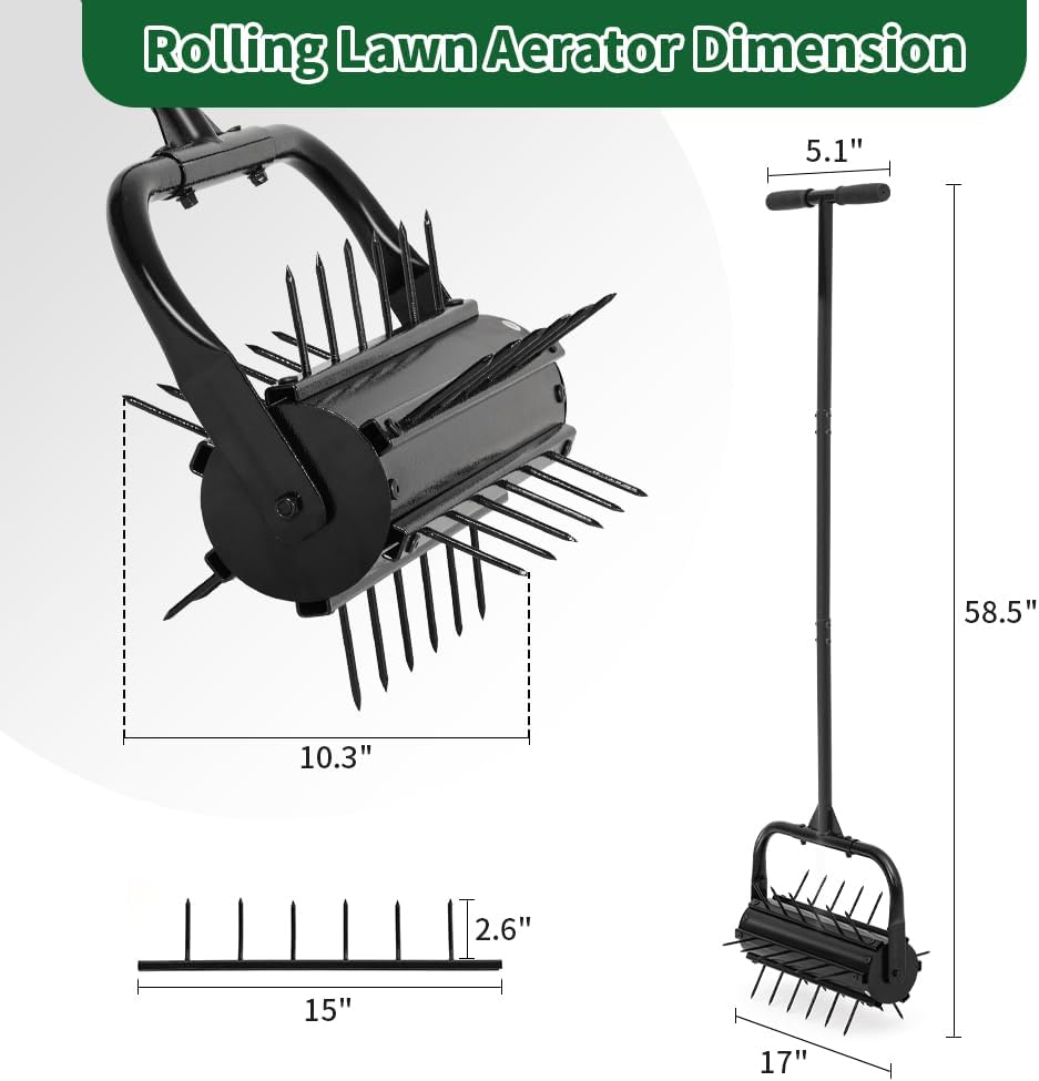 Lawn Aerator, 17'' Grass Rolling Aerators Tool Manual Garden Aerator with Handle Aeration Tool Lawn Steel Nails Aerator Machine with Sandbag, Patio Soil Roller Air Aerator Tool for Yard