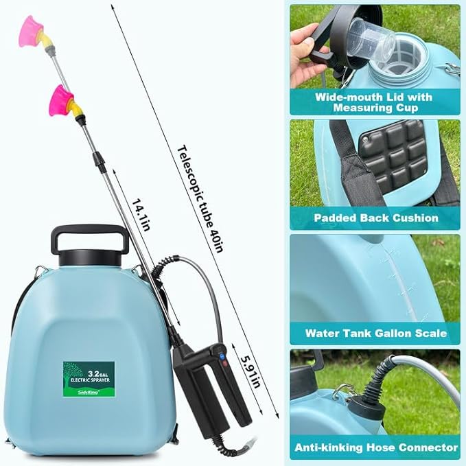 3.2 Gallon Battery Powered Backpack Sprayer, Upgraded Electric Back Pack Sprayer with 3 Spray Speed, Battery Indicator, Rechargeable Handle, 41" Telescopic Wand, 5 Mist Nozzles, for Lawn and Garden