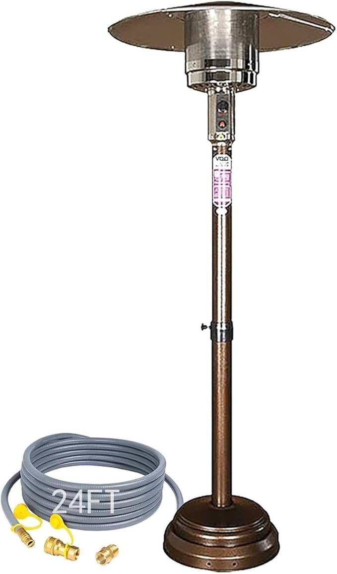 Natural Gas Patio Heater, Adjustable Height (55in-78in), Including an extended hose of 24 feet, Passed CE CSA Certification, It's really perfect to sit outside and use it in spring and autumn
