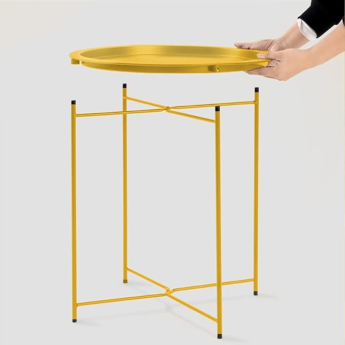 Garden 4 you End Table 2 PCS Metal Side Table Yellow Round Folding Tray Cyan Sofa Small Accent Fold-able Table, Round End Table Tray, Next to Sofa Table, Snack Table for Living Room and Bed Room