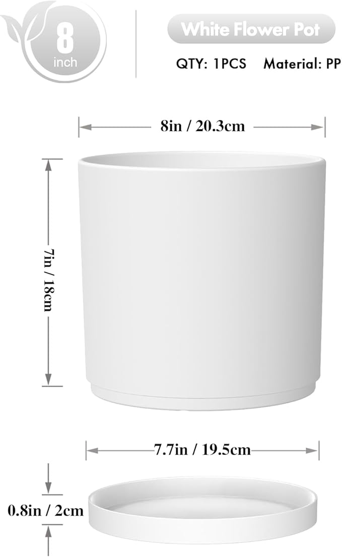 8 Inch Cylinder Plant Pots for Indoor Outdoor Plants, Medium Deep Flower Pots with Drainage Holes & Saucer, Decorative Plastic Planter Pots for Garden House Plants, White