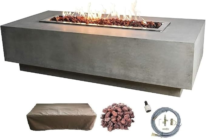 Elementi | Granville Gas Fire Pit Cast Concrete 60" Rectangular Fire Table, Outdoor Fire Pit Electronic Ignition | Canvas Cover, Lava Rock Included | Light Gray (Natural Gas)