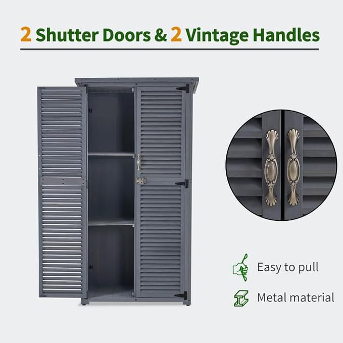 MCombo Outdoor Storage Cabinet, Wooden Storage Shed with Latch, Outside Garden Tool Shed with 2 Doors for Patio Yard Lawn, 0808 (Grey, Medium)