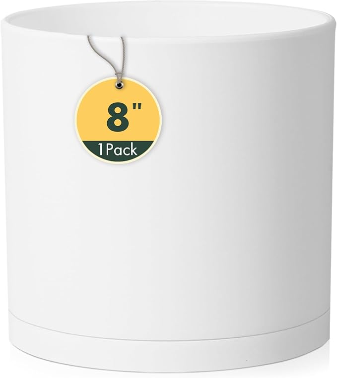 Cylinder 8 inch Plant Pots, Mordern Plastic Planters with Drainage Holes and Saucers for Indoor Outdoor Plants Flowers, White