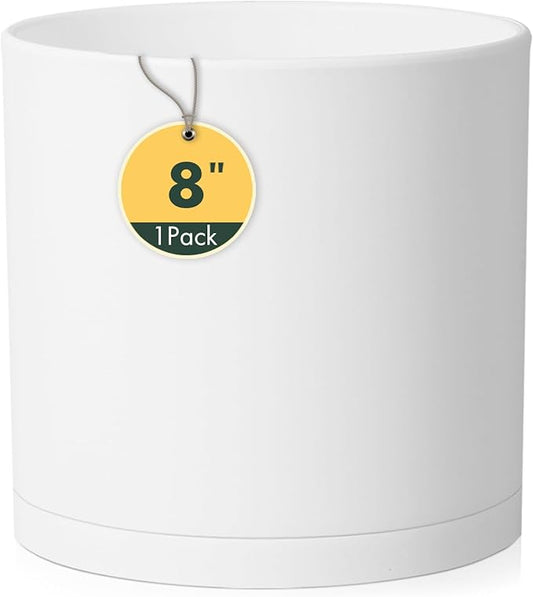 Cylinder 8 inch Plant Pots, Mordern Plastic Planters with Drainage Holes and Saucers for Indoor Outdoor Plants Flowers, White