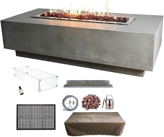 Elementi Granville Gas Fire Pit Bundle Concrete Fire Table, Outdoor Fire Pit Electronic Ignition | Canvas Cover, Lava Rock Included | Free AMS Wind Guard | Light Gray (Natural Gas)